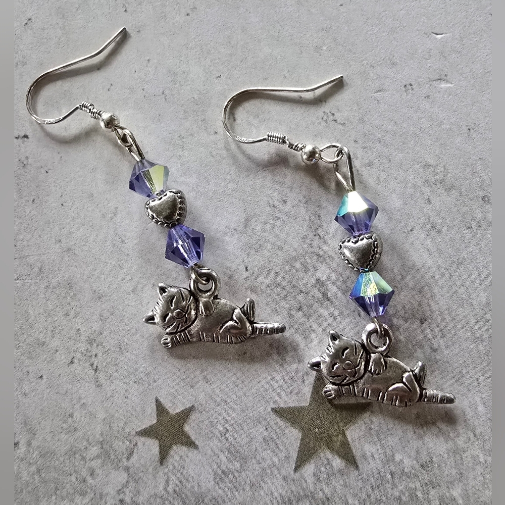 CUTE Cat Hand Purple Swarovski Beaded Dangle Earrings New Vintage Upcycle Beads